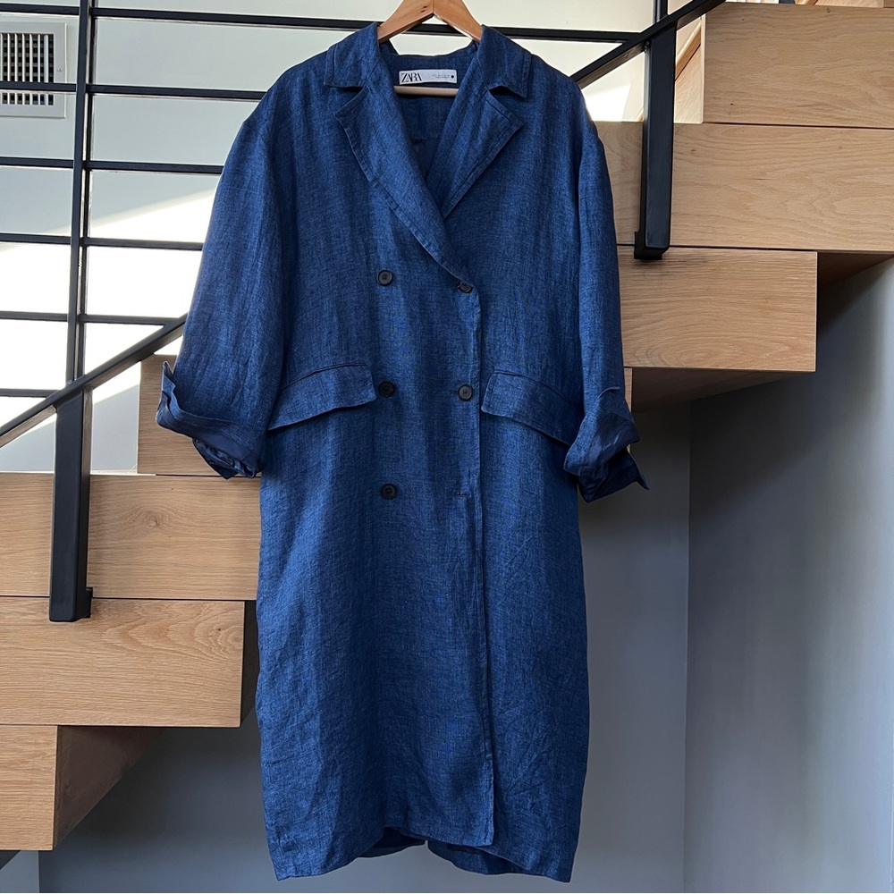 Zara Indigo Linen Trench Coat Duster size Small